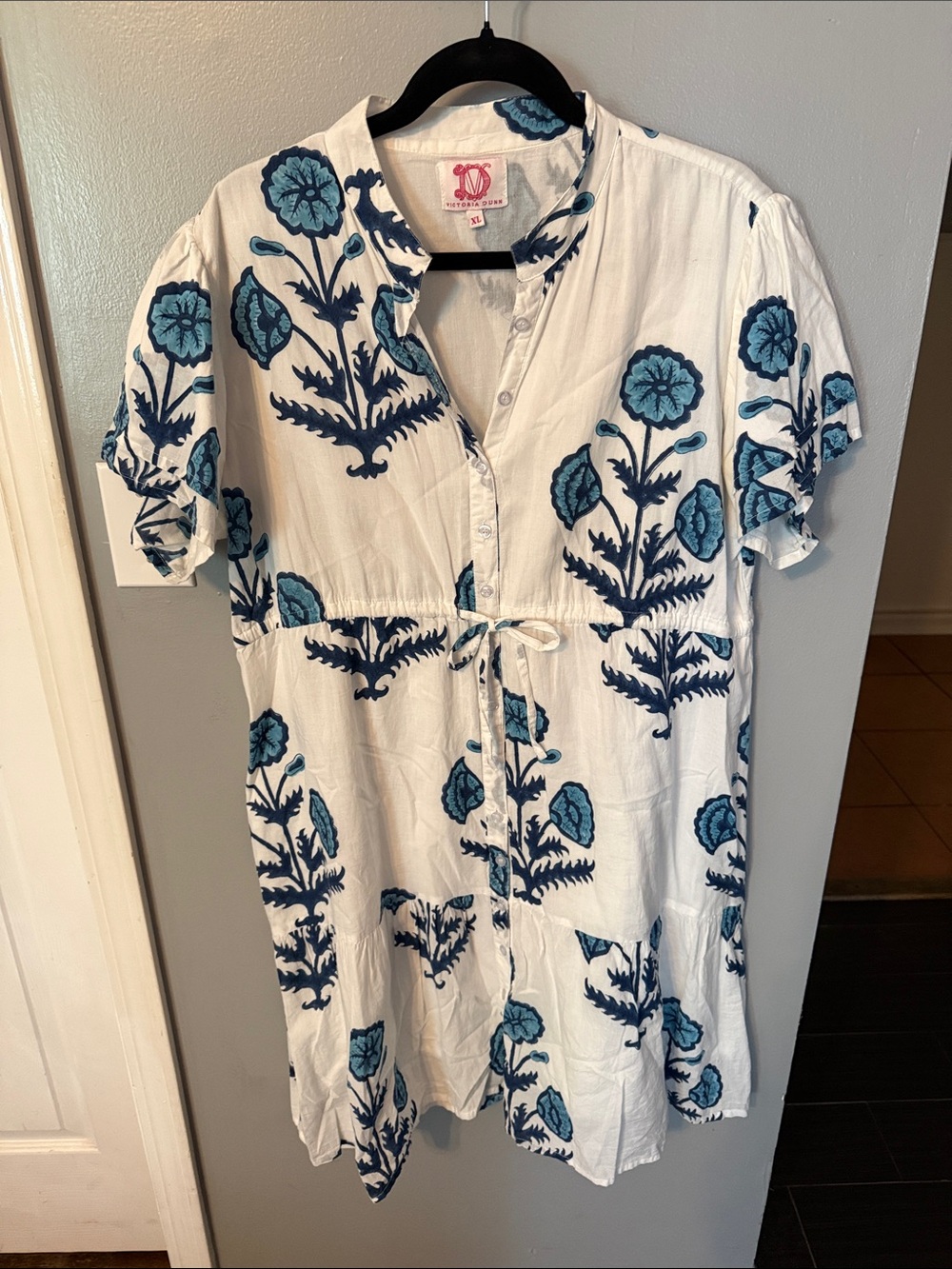 Victoria Dunn White Cotton Shirt with Blue Floral Accents